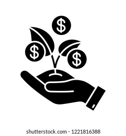 Seed money glyph icon. Seed funding, capital. Business development. Hand holding sprout and dollar coin. Early investment. Financing, budgeting. Negative space. Silhouette vector isolated illustration