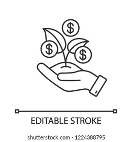 Seed money linear icon. Seed funding, capital. Thin line illustration. Hand holding sprout with dollar coins. Early investment. Financing, budgeting. Vector isolated outline drawing. Editable stroke