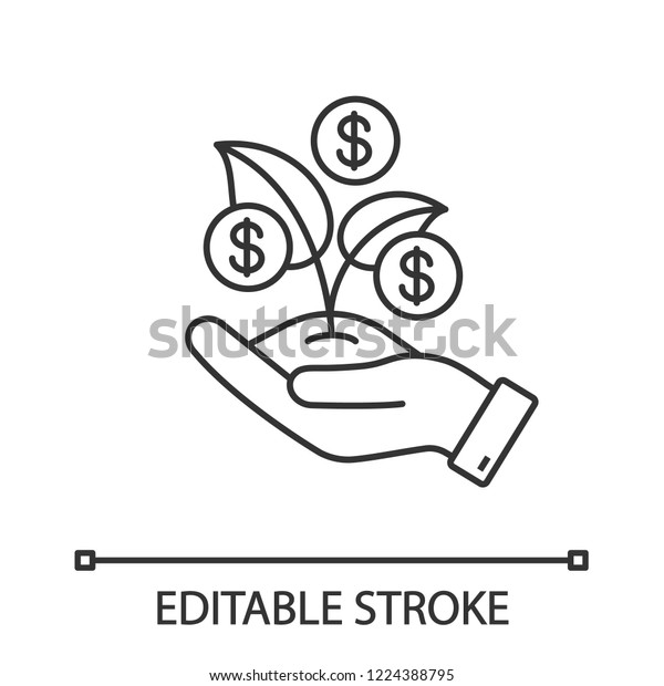 金の線形アイコンをシードします 資金調達 資本 細い線のイラスト 手を持つとドル硬貨が出る 早期投資 融資 予算 ベクター画像の輪郭描画 編集可能なストローク のベクター画像素材 ロイヤリティフリー