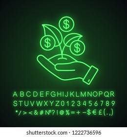 Seed money neon light icon. Seed funding, capital. Business development. Hand holding sprout with dollar coins. Early investment. Financing. Glowing alphabet, numbers. Vector isolated illustration