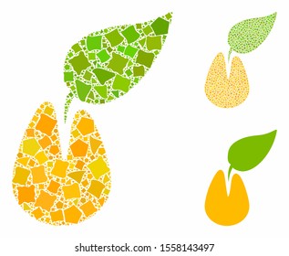 Seed mosaic of raggy pieces in different sizes and color hues, based on seed icon. Vector unequal pieces are grouped into collage. Seed icons collage with dotted pattern.