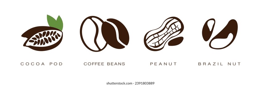 Seed and Nuts Brown Flat Icon with Name and Inscription Vector Set
