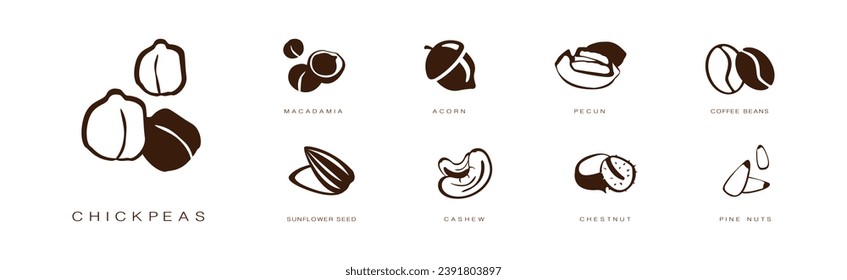 Seed and Nuts Brown Flat Icon with Name and Inscription Vector Set