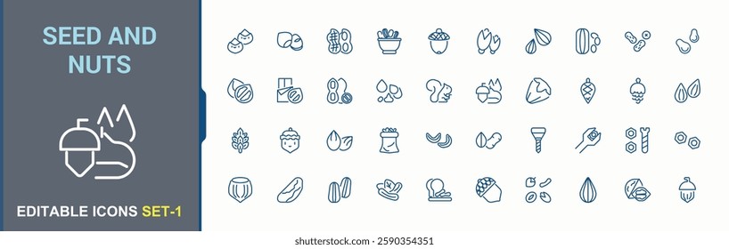 Seed and nuts line icons. Contains linear outline icons like acorn, nut, almond, health, seed, corn, walnut, protein. Icons for website. Minimalist editable vector stroke.