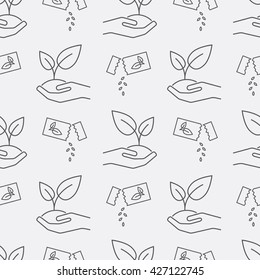 Seed Packet. Plant, Grower, Herb, Seedling, Sapling On The Hand Thin Line Icon. Seamless Pattern