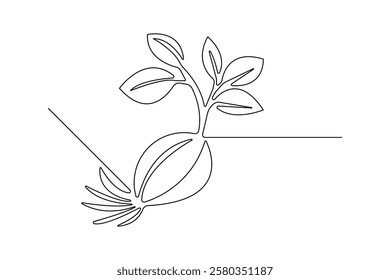 Seed with plane one line drawing of minimalist vector icon with black and white background