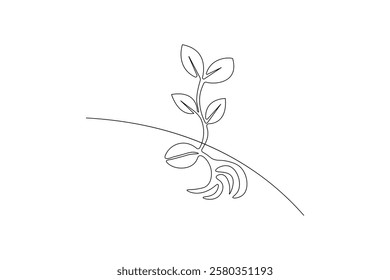 Seed with plane one line drawing of minimalist vector icon with black and white background