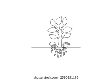 Seed with plane one line drawing of minimalist vector icon with black and white background