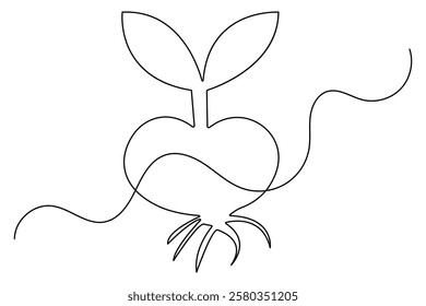 Seed with plane one line drawing of minimalist vector icon with black and white background