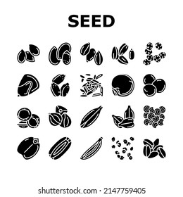 Seed Plant Agriculture Culture Icons Set Vector. Amaranth And Sunflower, Sesame Flax, Chia Mustard Agricultural Seed. Vegetable And Fruit Growing Vitamin Product Glyph Pictograms Black Illustrations