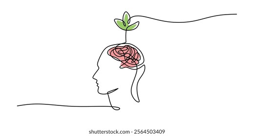 Seed plant on a head brain in continuous line drawing. Representing growth, intellectual development, and the nurturing of ideas. Vector illustration hand drawn.