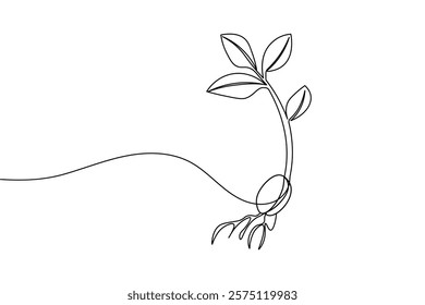 Seed with plant one line art drawing and minimalist style isolate outline vector illustration