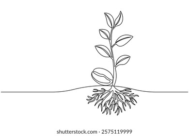 Seed with plant one line art drawing and minimalist style isolate outline vector illustration