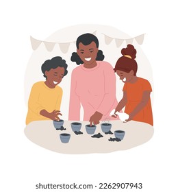 Seed planting isolated cartoon vector illustration. Family planting tree indoor, eco activity for kids, put seeds in the ground, watering soil in a pot, environmental hobby vector cartoon.