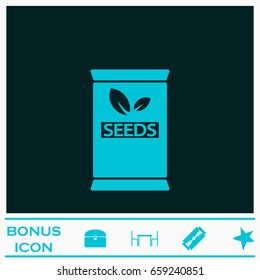 Seed sack icon flat. Blue pictogram on dark background. Vector illustration symbol and bonus icons