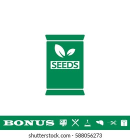 Seed sack icon flat. Green pictogram on white background. Vector illustration symbol and bonus button