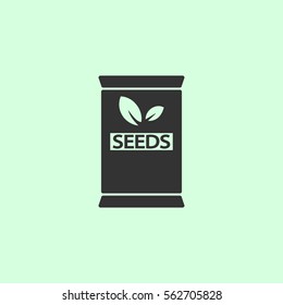 Seed sack icon flat. Grey vector symbol on green background