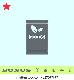 Seed sack icon flat. Grey pictogram on blue background. Vector illustration symbol and bonus buttons medal, cow, earth, eye, calculator
