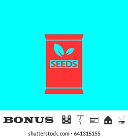 Seed sack icon flat. Red pictogram on blue background. Vector illustration symbol and bonus buttons Music center, corkscrew, credit card, house, drum