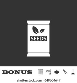 Seed sack icon flat. White pictogram on black background. Vector illustration symbol and bonus icons