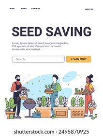 Seed saving eco-friendly farming concept illustration with people harvesting organic seeds from plants various containers and greenery minimalistic style