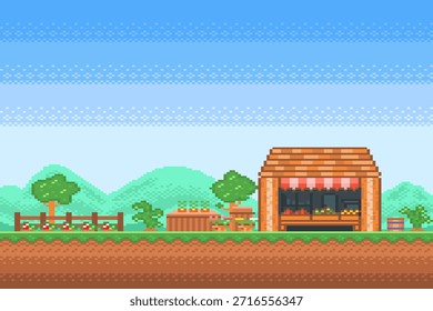 Tienda de semillas con una parcela de verduras cerca sobre fondo azul. Ilustración vectorial de pixel art, estilo de juego de plataformas de desplazamiento lateral 2D de la era NES de 1985.