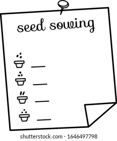 Seed sowing. text. Gardener's diary. Vector isolated hand drawn sketches to check your to do list.