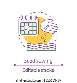 Seed sowing time concept icon. Farming idea thin line illustration. Agricultural work. Agriculture. Vector isolated outline drawing. Editable stroke
