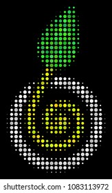 Seed sprout halftone vector icon. Illustration style is dotted iconic seed sprout symbol on a black background. Halftone texture is made of round pixels.