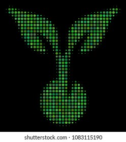 Seed sprout halftone vector icon. Illustration style is dotted iconic seed sprout symbol on a black background. Halftone pattern is constructed of spheric items.