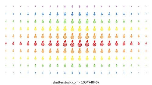 Seed sprout icon spectral halftone pattern. Vector seed sprout symbols are organized into halftone matrix with vertical spectrum gradient. Designed for backgrounds, covers,