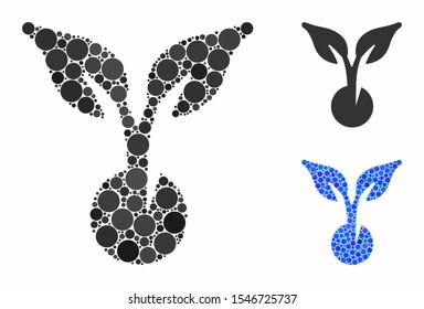 Seed sprout mosaic of small circles in various sizes and color tints, based on seed sprout icon. Vector random circles are combined into blue mosaic.