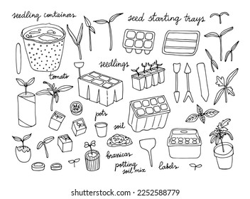 Seed starting set that includes different trays, pots, containers, seedlings, sprouts, labels and some tools. Gardening essential kit for growing seedlings at home. Vector illustration.