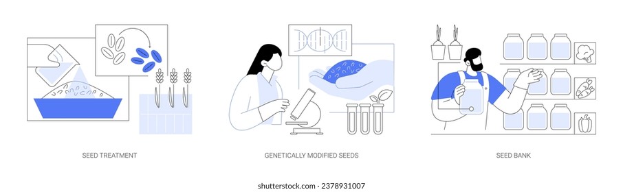 Seed treatment and modification isolated cartoon vector illustrations set. Farmer treating seeds chemically, genetically modified in a lab, take from bank, healthy crop production vector cartoon.