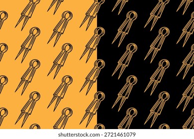 Pinzas de semillas grabando patrones sin fisuras sobre fondo negro amarillo para jardinería. Fondo de patrón de incubación de pinzas de semillas para plantar. Herramienta de manejo de semillas Fondo de pantalla de motivos artísticos para la agricultura