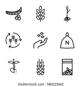 seed vector icons. Set of 9 seed outline icons such as wheat, harvest, sack, peas, hand with seeds, sprout