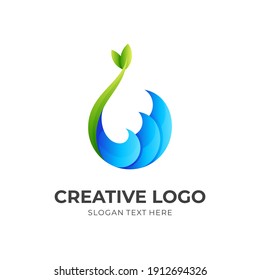 logotipo de agua de semilla, agua y hojas, logotipo combinado con un estilo de color azul y verde 3d
