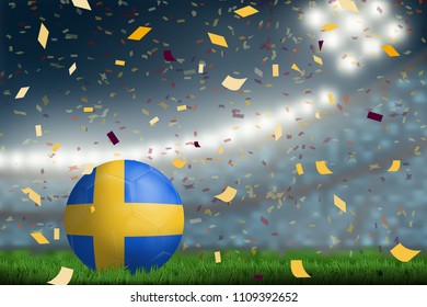 Seeden soccer ball on field in soccer stadium to celebrate for football match result with spot light background. Design for banner, poster of nation championship template in vector illustration