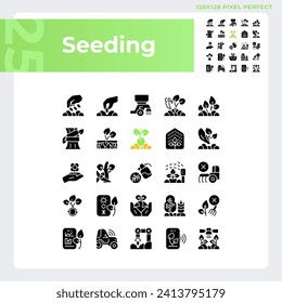 Seeding black glyph icons set on white space. Agricultural industry. Gardening business. Growing plants. Field sowing. Silhouette symbols. Solid pictogram pack. Vector isolated illustration