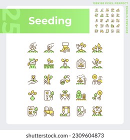 Seeding green RGB color icons set. Agricultural industry. Gardening business. Growing plants. Field sowing. Isolated vector illustrations. Simple filled line drawings collection. Editable stroke