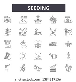 Seeding line icon signs.  Linear vector outline illustration set concept.