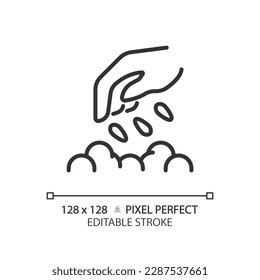 Seeding linear icon. Direct planting. Eco friendly farming. Vegetable garden. Soil preparation. Propagation method. Thin line illustration. Contour symbol. Vector outline drawing. Editable stroke