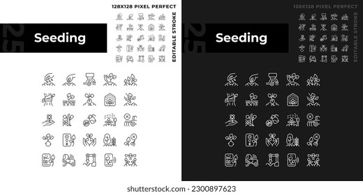 Einsetzen linearer Symbole für den dunklen, hellen Modus. Agrarindustrie. Gartengeschäft. Pflanzen wachsen. Feldaussaat. Dünne Liniensymbole für Nacht, Tagesthema. Einzige Illustrationen. Bearbeitbarer Hub