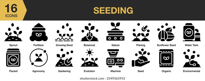 Seeding solid icon set. Includes seeding, fertilizer, growing seed, botanical, nature, gardening, water tank, and More. Solid icons vector collection.