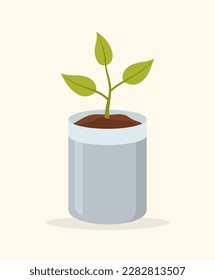 A seedling in a bag with soil on a beige background. Flat vector illustration