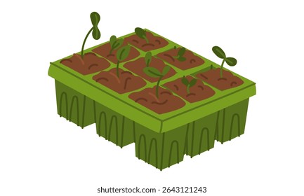seedling cassette with soil and sprouts. pot for seedlings. Gardening equipment. Flat color illustration. It is suitable for the design of articles and educational materials on gardening and hobbies