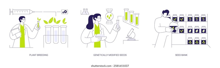 Seedling cultivation abstract concept vector illustration set. Plant breeding, genetically modified seeds in laboratory, seed bank, plants growing, agribusiness industry abstract metaphor.