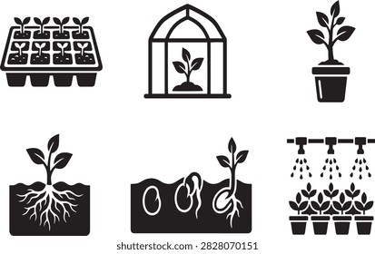 Seedling cultivation germination irrigation techniques with plant propagation drip irrigation plant pots seed pods agriculture icons seedling gardening greenhouse illustration