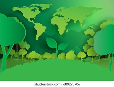 Seedling from earth.Eco green forest.Save the world and environment concept paper art style.Vector illustration.