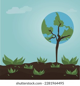 seedling of earth planted in the ground with roots and plants growing around, plant seedling, bush

